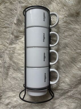 Coffee Break Signature White 'coffee' Mugs Set with Black Metal Rack